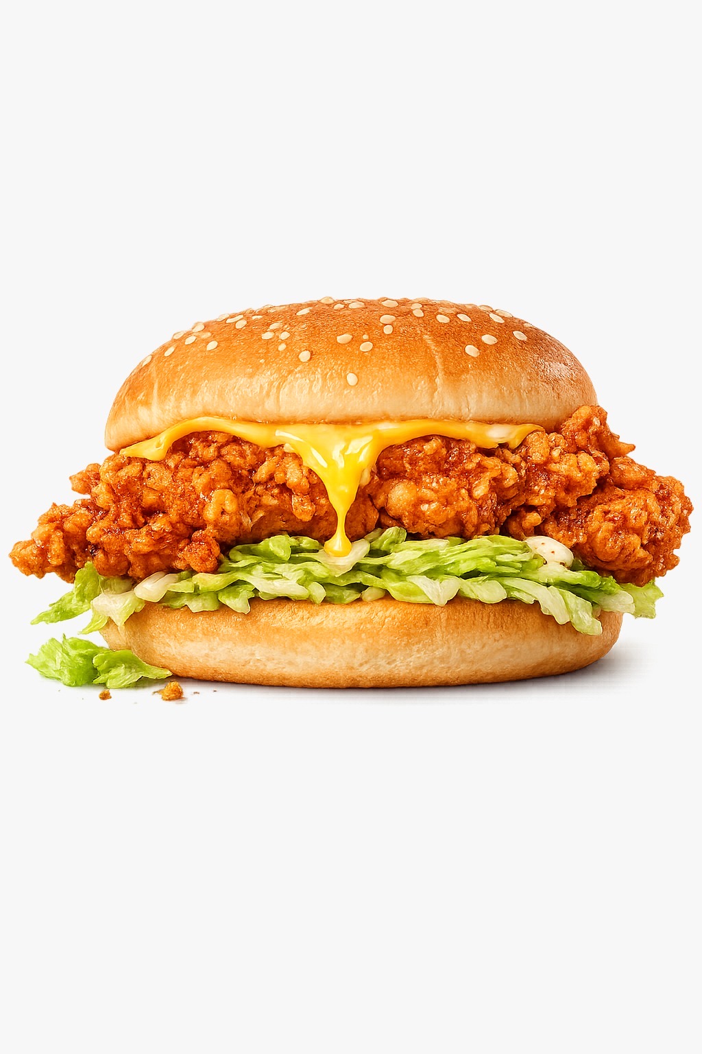 Spicy dipped crispy chicken burger with melted cheese and lettuce in a sesame bun