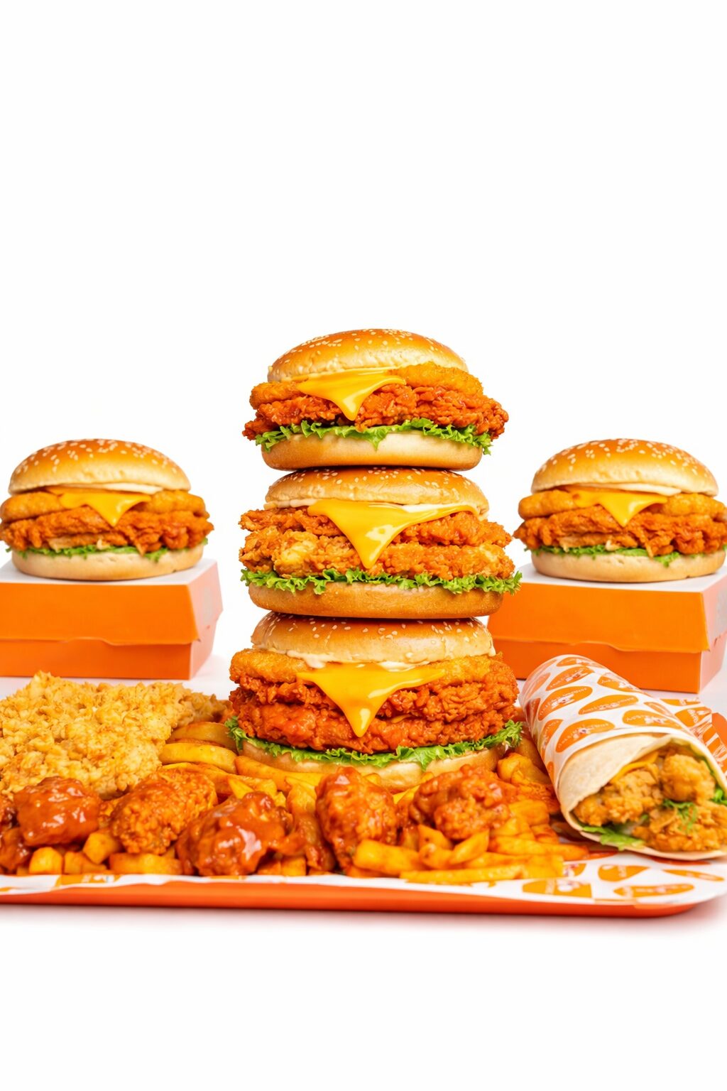 Miami Crispy burgers, saucy wings, fries and a chicken wrap on an orange tray